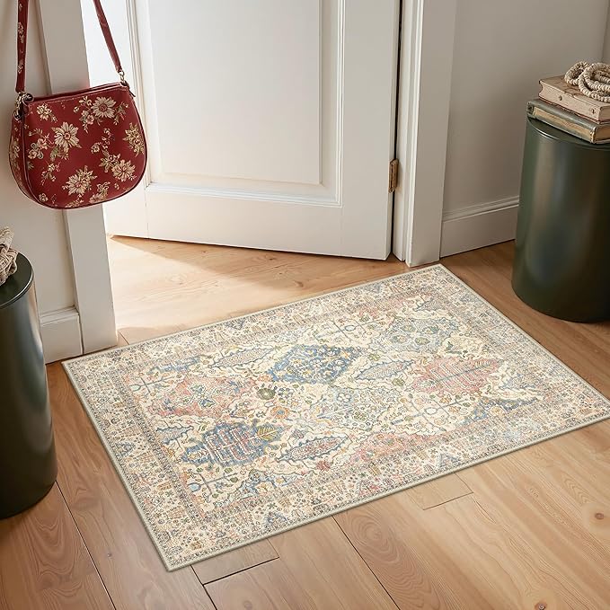 GENIMO Area Rug 2x3 Doormat, Machine Washable Low Pile Rugs, Small Retro Chenille Entryway Mat for Entrance, Hallway, Kitchen and Corridor, Beige Cream