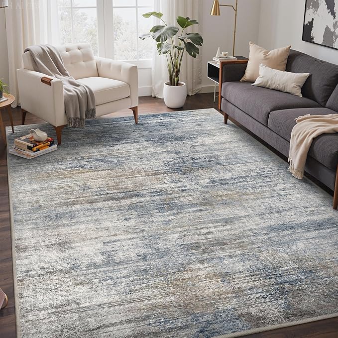 Bavni Washable Rug, Soft Abstract Rugs Non-Slip, Thin Foldable 6x9 Rug, Modern Stain Resistant Area Rug for Living Room, Kitchen, Bedroom, Blue/Light Grey
