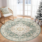 Round Rug Living Room Rugs: 5x5 Washable Boho Neutral Large Circle Soft Indoor Distressed Stain Resistant Floor Farmhouse Carpet for Bedroom Nursery Kids Playroom Office Dining Room Dorm- Green