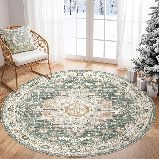 Round Rug Living Room Rugs: 6x6 Washable Boho Neutral Large Circle Soft Indoor Distressed Stain Resistant Floor Farmhouse Carpet for Bedroom Nursery Kids Playroom Office Dining Room Dorm- Green