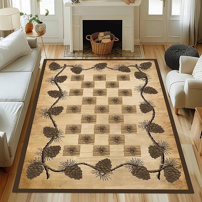 Vintage Plaid Area Rug 5x7ft Rustic Cabin Pine Cone Branches Lattice Pattern Rug Country Lodge Nature Plants Rugs, Soft Floor Rug Non-Skid Carpets for Living Room Farmhouse Indoor Floor Mat