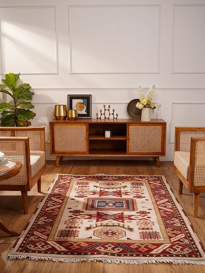 Hand Knotted Wool & Silk ECO-Friendly Oriental Area Rugs - 5'x8', Rectangle Shape, Cream Burgundy Color, Classic Oriental Traditional, Medium Pile Handmade Area Rugs (AF0102)