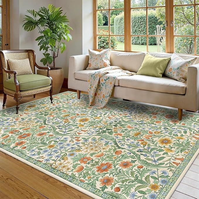Floral Washable 6x9 Area Rug，Grass Green Boho Rugs for Living Room, Soft Low-Pile Non-Slip Stain Resistant & Non-Shedding Carpet for Bedroom, Dining Room, Office, Entryway, Nursery