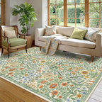 Floral Washable 6x9 Area Rug，Grass Green Boho Rugs for Living Room, Soft Low-Pile Non-Slip Stain Resistant & Non-Shedding Carpet for Bedroom, Dining Room, Office, Entryway, Nursery