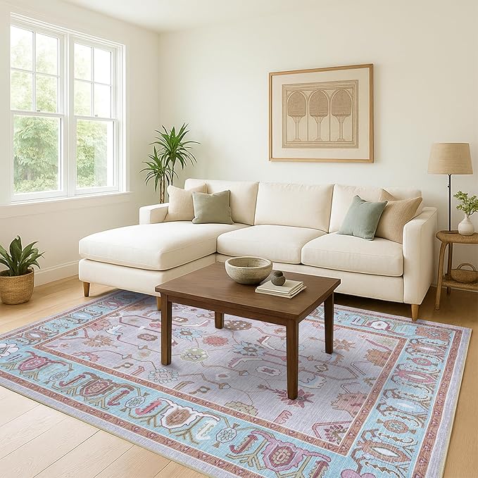 Fame Living Pink Oushak Rug, Modern, Vintage, Turkish, Eclectic, Floral, Pastel, Washable, Large Area Rugs for Living Room, Dining, Bedroom, Girls, Boys, 7'5"x9'8"
