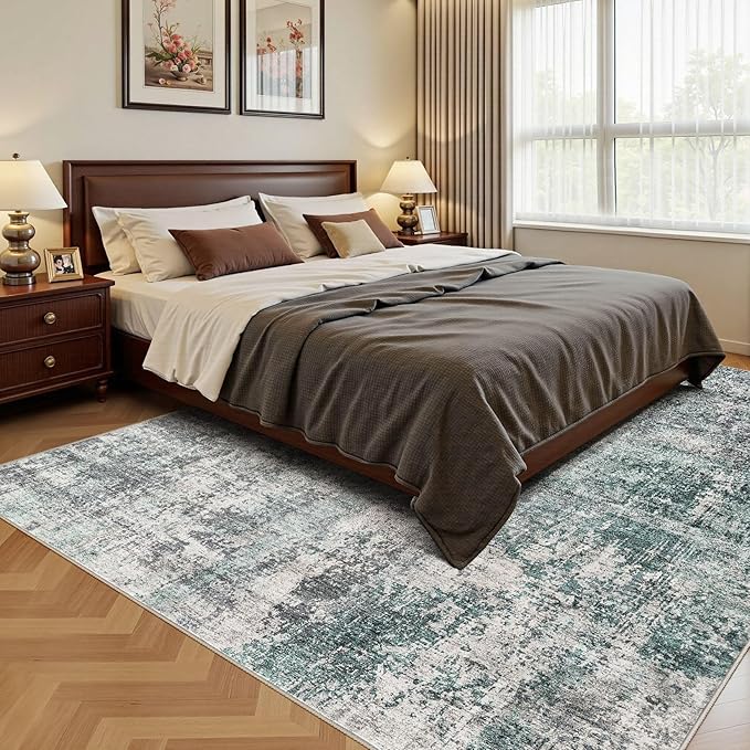 9x12 Area Rug Living Room Rugs - Washable Neutral Modern Abstract Soft Thin Large Rug Indoor Floor No Slip Rug Carpet for Bedroom Under Dining Table Home Office Decor - Green/Grey