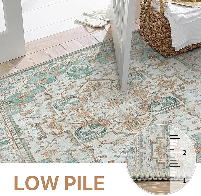 GENIMO 6x9 Area Rugs for Living Room, Machine Washable Non Slip Vintage Rugs, Low Pile Lightweight Chenille Print Rug for Bedroom, Dining Room, Home Office, Cyan
