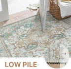 GENIMO 3x5 Area Rugs for Living Room, Machine Washable Non Slip Vintage Rugs, Low Pile Lightweight Chenille Print Rug for Bedroom, Dining Room, Home Office, Cyan