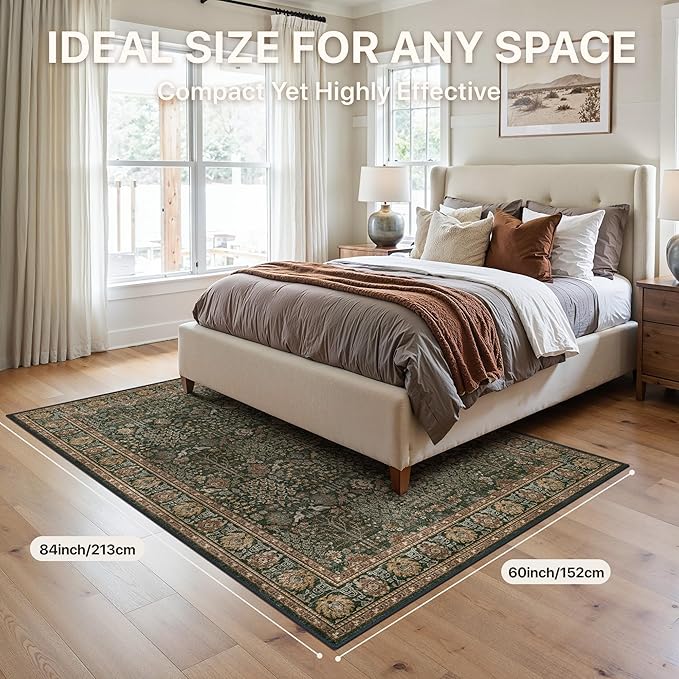 Bavni Area Rugs for Living Room, 5x7 Area Rugs Non-Slip Washable，Ultra-Thin Aesthetic Boho Rug for Bedroom Dinning Room Office, Dark Green/Multi