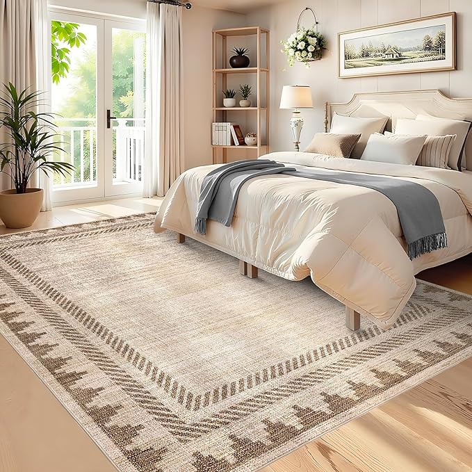 Geometric Bordered Washable 5x7 Area Rugs for Dining Room Bedroom Foldable Non Slip Soft Indoor Carpet Stain Resistant Modern Living Room Low Pile Rug with Rubber Back, Beige Brown