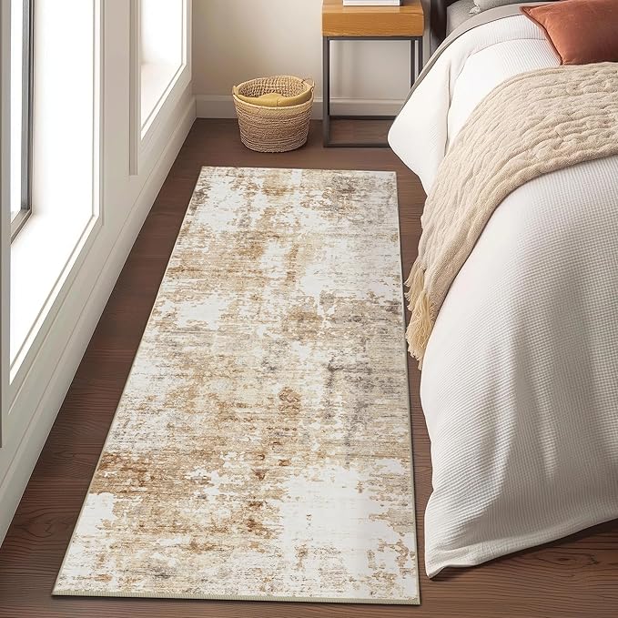 FMFUNCTEX 2x6 Runner Rug Washable Brown Grey Modern Abstract Neutral Non Slip Low Pile Entryway Hallway Soft Indoor Carpet for Kitchen Bedroom Bathroom Laundry Entrance Bedside Living Room, Grey Gold