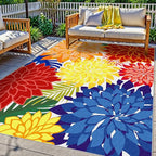 Colorful 6x9 Outdoor Area Rug Washable Multicolored Patio Rug Tropical Botanical Floral Chenille Waterproof Outdoor Carpet Non-Slip for Patio, Deck, Backyard, Porch, Rainbow