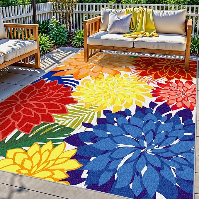 Outdoor Area Rug Washable Multicolored Patio Rug Tropical Botanical Modern Floral Outdoor Carpet Non-Slip for Patio, Deck, Backyard, Porch (8x10)