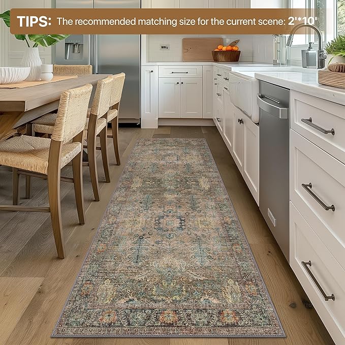 Bavni Area Rug 3x5, Non-Slip Washable Rugs for Living Room Office, Boho Distressed Printed Rug, Low Pile Foldable Decorative Carpet for Bedroom Kitchen Office, Olive Green