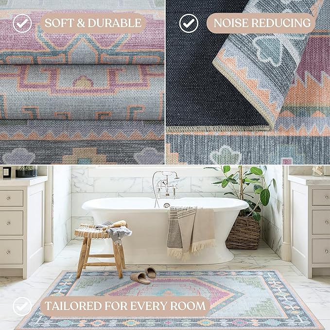 Fame Living Washable Area Rug. Modern Farmhouse. Vintage. Turkish. Bohemian. Distressed. Oriental. Traditional. Rugs for Living Room. Dining. Bedroom. Office. Entryway. Foyer. (856GP, 2'5" x 13')
