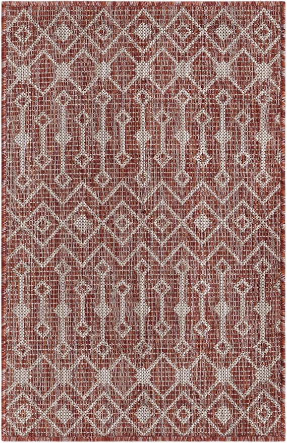 Unique Loom Outdoor Trellis Collection Area Rug - Tribal Trellis (2' x 3' 1" Rectangle Rust Red/Ivory)