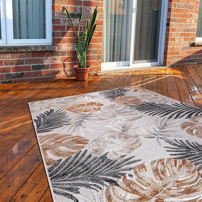 CAMILSON Indoor Outdoor Rug, Yellow 6’x9’ Leaf Tropical Botanical Area Rugs for Indoor and Outdoor patios, Easy-Cleaning Non-Shedding Living Room, Garden and Kitchen Washable Outside Carpet (6x9)