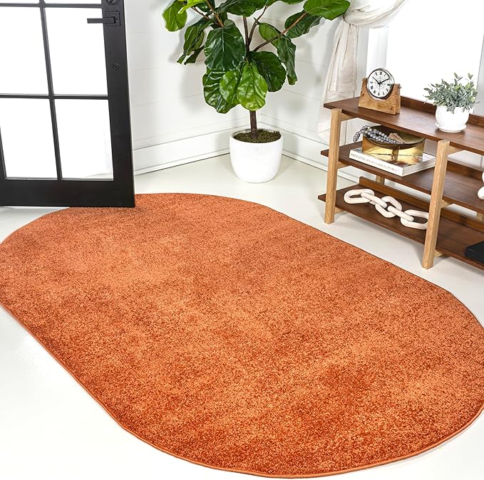 Eyely UES100M-5OV Haze Solid Low-Pile Orange 5 ft. x 8 ft. Oval Area Rug, Pet Friendly, Stain Resistant, Easy Cleaning, for Bedroom, Living Room, Kitchen
