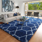 ONASAR Geometric Area Rugs 5x8 for Living Room, Fluffy Moroccan Navy and White Rug for Boys Bedroom Home Decor Aesthetic, Soft Shaggy Plush Floor Carpet for Kids Girls Teen Nursery Playroom Office