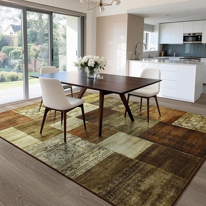 Tepook Modern Area Rug for Living Room, 4x6 Geometric Large Rugs for Bedroom, Washable Patchwork Rug Indoor Non-Slip Throw Carpets for Dining Room Office Farmhouse Home Decor, Brown