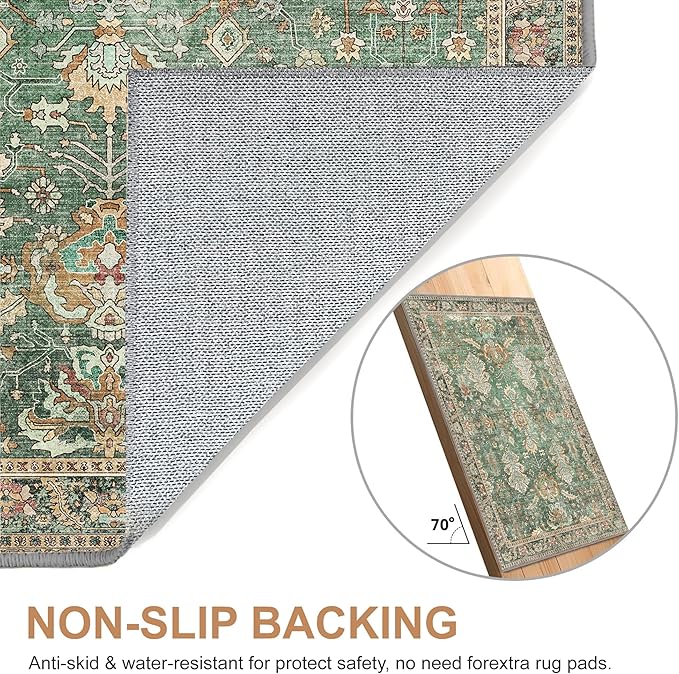 Bavni Runner Rug, Machine Washable Rugs for Bedroom 2x7, Non Slip Boho Rugs with Rubber Backing, Ultra-Thin Folable Rug Runner for Hallways Bathroom, Sage/Gold