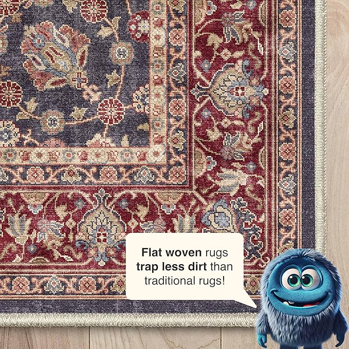 Well Woven Asha Rome Navy Blue Red 6' x 9' Area Rug - Oriental Floral Pattern, Easy Clean, Floor-Friendly Backing - for Living Room, Bedroom, and Dining Room