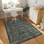 DUKINO 3x5 Area Rug, Vintage Floral Washable Rug for Bedroom with Non Slip Design, Soft Low Pile Indoor Small Carpet for Bedroom, Farmhouse, Living Room, Office, Bathroom, Blue