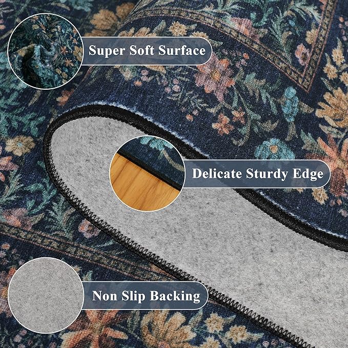 DOKINO 2x10 Runner Rug for Hallway, Vintage Washable Long Kitchen Rug with Low Pile Design, Floral Non Slip Soft Carpet Runner for Hallway, Kitchen, Bathroom, Bedroom, Dark Blue