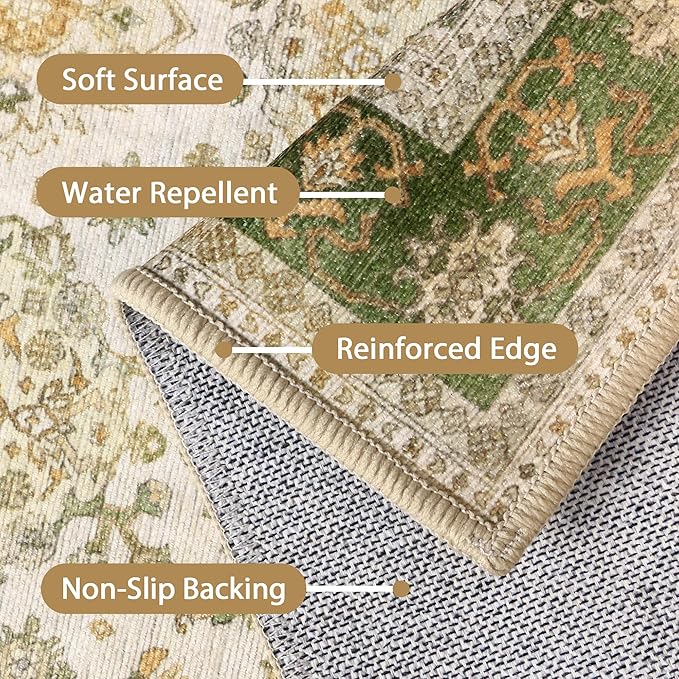 5x7 Area Rug Machine Washable Boho Rug for Living Room,Ultra-Thin Low Pile Carpet,Lightweight Indoor Printed Rug,Non Slip Floral Area Rug for Bedroom, Dining Room, Home Office,Green