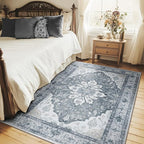 Area Rugs 5'x7' Washable Non-Slip, Floral Vintage Distress Print Pattern Medallion Carpet for Living Room Bedroom Dining Room, Light Gray Grey White