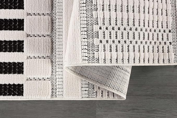 CAMILSON Modern Rug 8x10 Luxury Geometric Pattern Micro Loop Area Rugs Soft High and Low Pile Stain Resistant Easy to Clean Non-Shedding Durable Living Room Bedroom Indoor Carpet (White/Black)