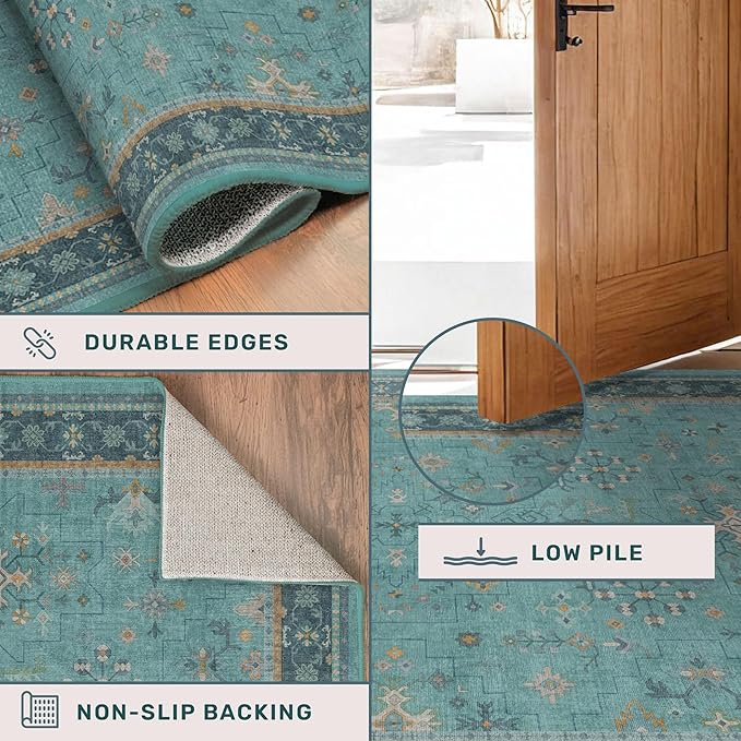 Washable 5x8 Teal Rug for Living Room, Boho Area Rugs for Bedroom Under Bed, Modern Floral Low-Pile Non Skid Carpet for Dining Room Under Table, Stain Resistant Vintage Home Décor