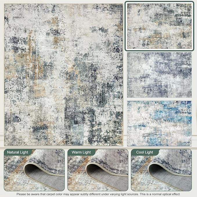 Washable Area Rugs for Living Room 9x12 - Large Neutral Modern Abstract Rug, Soft Low Pile Carpet with Non Slip Backing for Under Dining Room Table, Bedroom, Home, Office, Dorm - Green Yellow