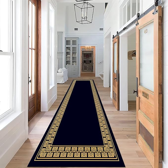 Modern Geometric Meandering Throw Carpet Runner for Entrance, 2.6x7ft, Orange Geometric Design Carpets for Entryway, Navy Blue Background Cozy Foldable Dirty Resistant Rug for Sofa Office