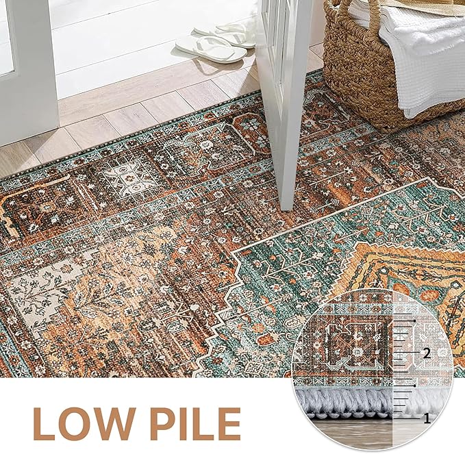 Bavni Washable Rug 4x6 Area Rug for Living Room Bedroom Dining, Washable Print Carpet, Low Pile Lightweight Rug with Non Slip Backing, Vintage Brown/Blue