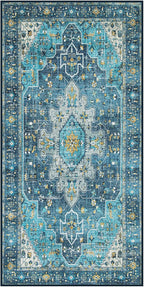 Moynesa 2x4 Teal Vintage Floral Medallion Runner Rug - Machine Washable, Non-Slip, Low Pile, Indoor Use Only