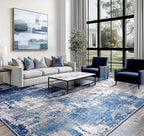 Washable Area Rugs 10'x14' Non-Slip Modern Abstract Soft for Living Room Entryway Bedroom Nursery, Print Pattern, Blue Grey Navy Gray