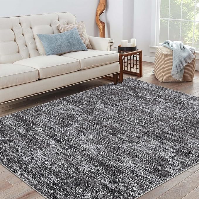 RUGSREAL 8x10 Washable Rug for Living Room Non-Slip Modern Abstract Area Rug Stain Resistant Large Bedroom Rug Contemporary Accent Throw Floor Carpet Solid Rug for Dining Room Home Decor, Dark Grey