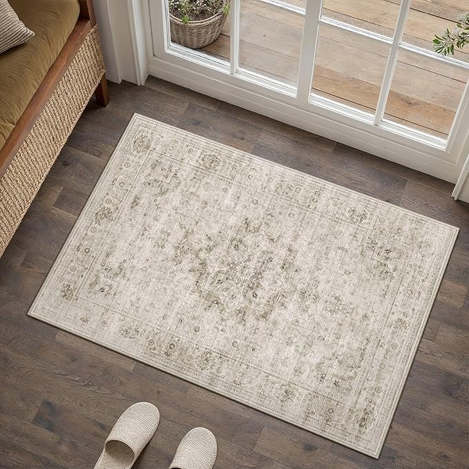 HUGEAR Washable 2x3 Entryway Area Rugs Retro Beige Small Vintage Distressed Non Slip Stain Resistant Low Pile Neutral Throw Carpet for Bedside Kitchen Entryway Home Decor