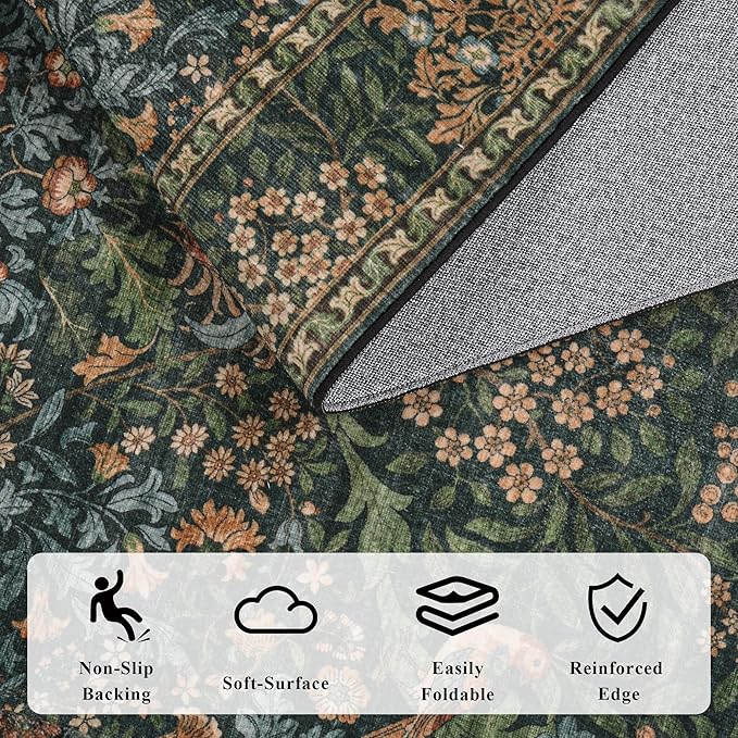 9x12 Floral Washable Area Rug for Living Room, Vintage Boho Large Rugs for Bedroom Dining Room, Botanical Birds Non Slip Low Pile Forest Throw Carpet for Farmhouse Office, Retro Gold/Green
