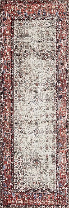 Loloi Layla Collection LAY-12 Ivory/Brick 7'-6" x 9'-6" .13" Thick Area Rug, Soft, Durable, Vintage Inspired, Distressed, Low Pile, Non-Shedding, Easy Clean, Printed, Living Room Rug