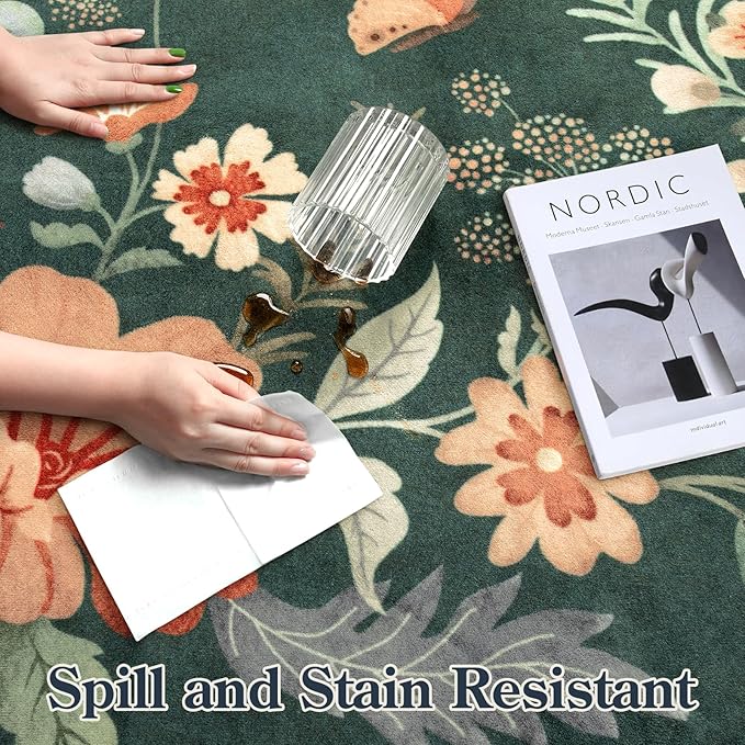 Lahome Floral Washable Rugs 8x10, Non-Slip Soft Bedroom Rug Stain Resistant, Ultra-Thin 8x10 Rugs for Living Room Easy Clean Boho Accent Carpet for Dining Room Office(8x10ft,Dark Green)