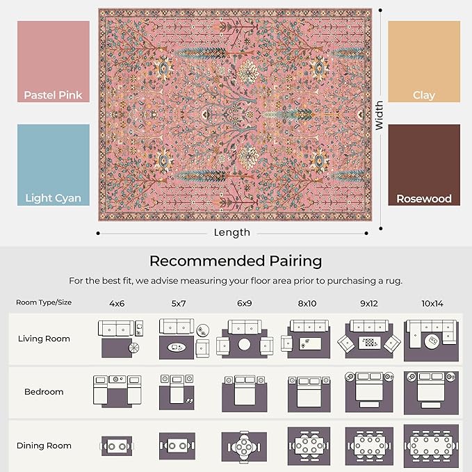 Kokia Boho Vintage Floral Area Rugs, Washable Oriental Botanical Rugs for Living Room, Bedroom, Dining Room, Office, Large Soft Indoor Area Rug, Rosette Pink，9x12