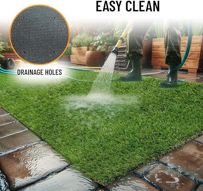 Ottomanson 2'7" x 37' Artificial Faux Grass Rug - Realistic Turf with UV Protection - Perforated for Easy Drainage - Durable, Hose-Off Synthetic Lawn Carpet for Indoor & Outdoor Use, Green