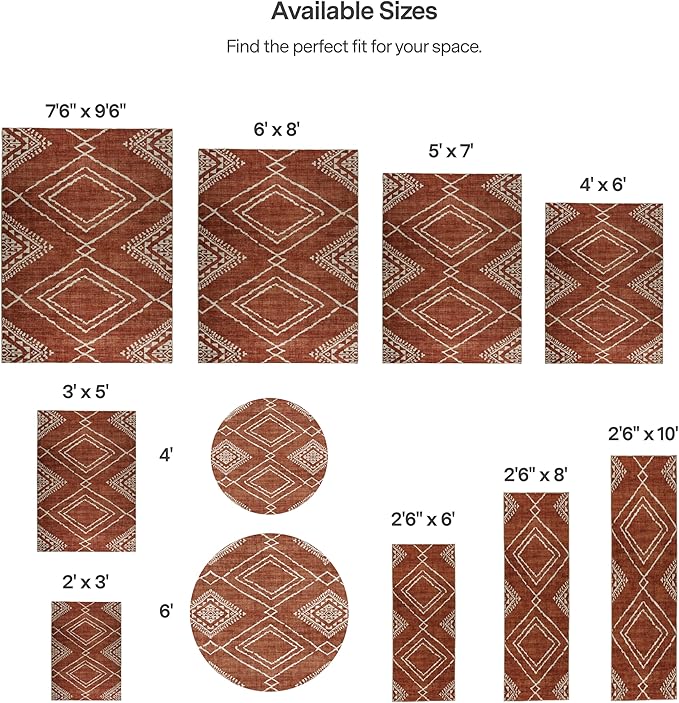 ReaLife Rugs Machine Washable Area Rug - Living Room Bedroom Bathroom Kitchen Entryway Office - Padded Crease Free Stain Resistant Premium - Moroccan Tribal Diamond - Jax- Orange - 2'x 3'