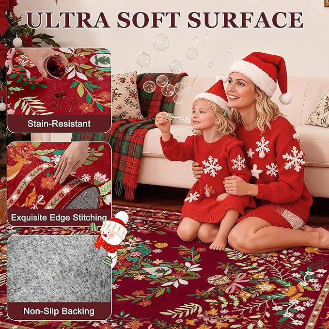 9x12 Area Rugs Living Room Rug: Christmas Washable Rug Floral Soft Carpet Indoor Floor Non-Slip Boho Stain Resistant Large Carpets for Bedroom Kids Nursery Dining Room Farmhouse Home Office Red