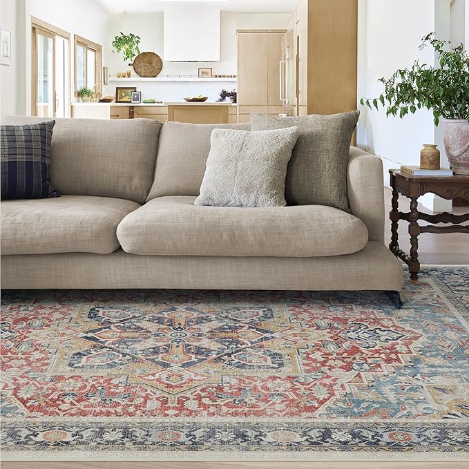 RUGGABLE Washable Vintage Area Rug – Kamran Cayenne Red 6x9, Stain-Resistant, Non-Slip – Medium Machine Washable Rugs for Living Room, Bedroom, Hallway, Entryway & Office–with Cushioned Pad