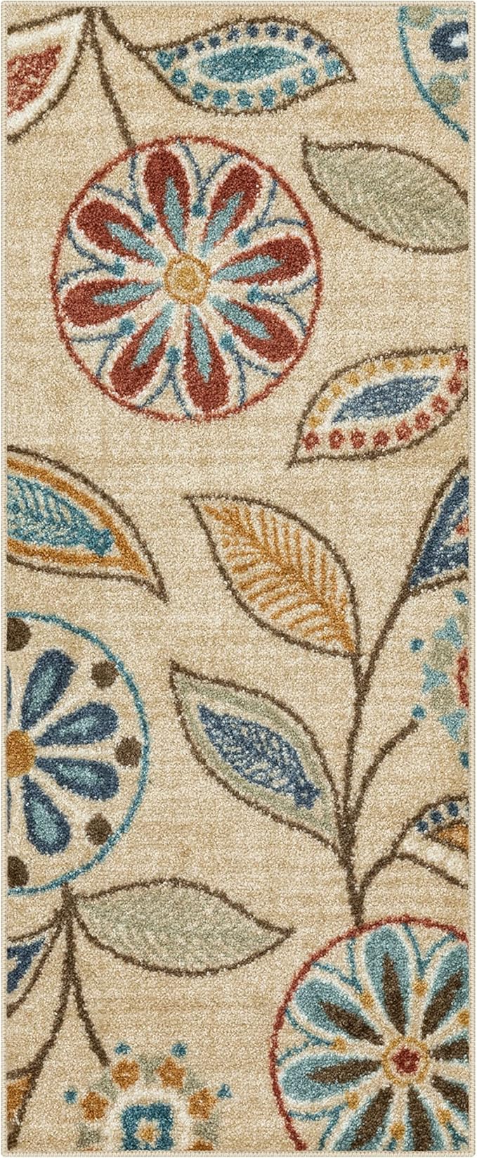 Maples Rugs Reggie Floral Runner Rug - Made in USA - Washable, Non Slip Indoor Carpet for Kitchen, Hallway, and Laundry Room, 1'8 x 4', Beige