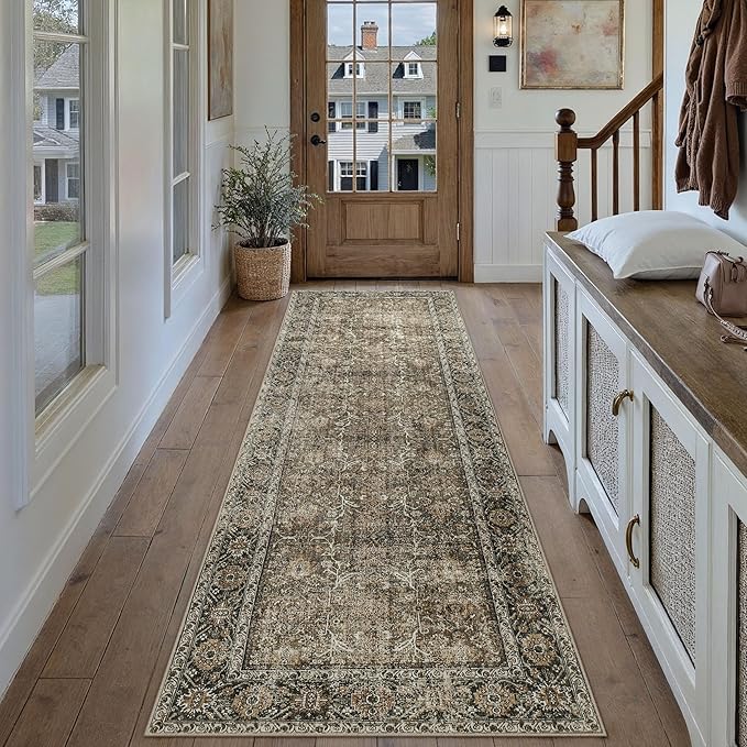 Brown Runner Rug 2x14 Vintage Area Carpet Hallway Long Indoor Kitchen Washable Living Room Low Pile Traditional Distressed Retro Accent Throw Rug Non Slip Laundry Bathroom Office Dining Room