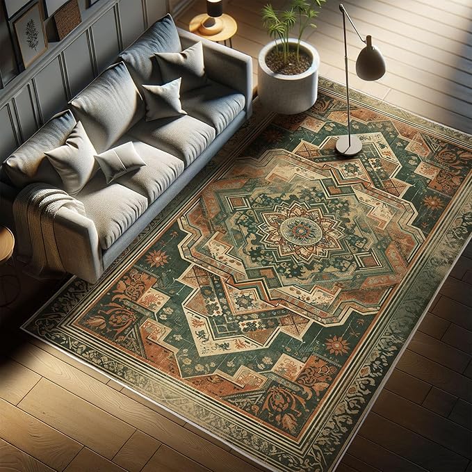 Ambesonne Oriental Boho Decorative Rug, Bohemian Flowery Mandala with Abstract Geometric Details Print, Quality Carpet for Bedroom Dorm and Living Room, 2' 5" x 5', Hunter Green Peach
